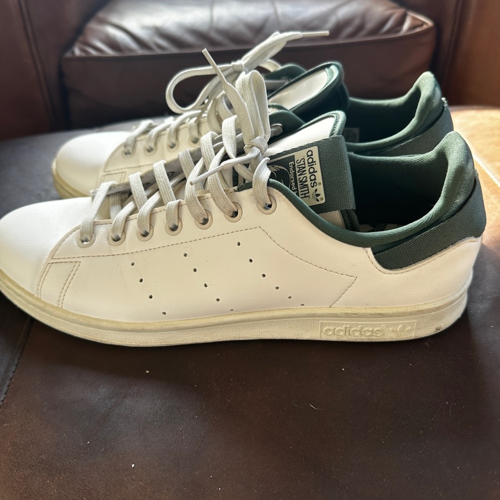 adidas Stan Smith White Leather Sneakers with Green Heel Tab Size 10 - Picture 3 of 10